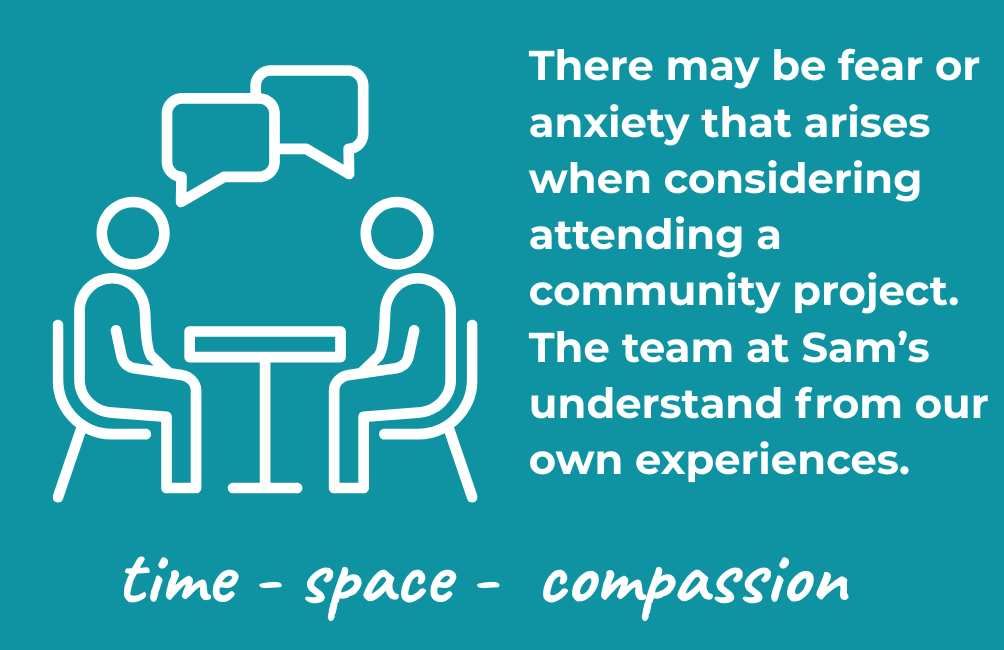 Infographic with outline picture of two people sitting with a desk in between them. There are speech bubbles above their heads. The text states. There may be fear or anxiety that arises when considering attending a community project. The team at Sam’s understand from our own experiences. Time. Space. Compassion.